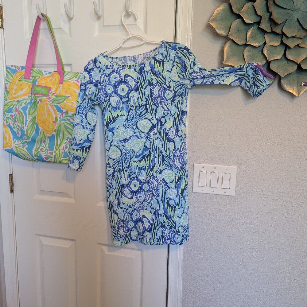 Lilly Pulitzer | Marlowe 3/4 Sleeve Dress | Girls L | Indigo Sunset Swim Print - Picture 1 of 8